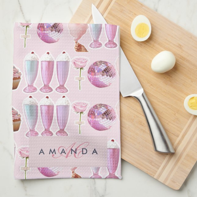 Paño De Cocina Monograma Milkshake Cute Rubor Regalos Retro Rosa (Doblado Cuarto)