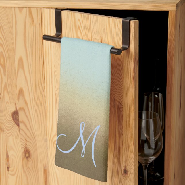 Paño De Cocina Monograma moderno con estilo Ombre Azul Marrón (Pliegue de tercios)