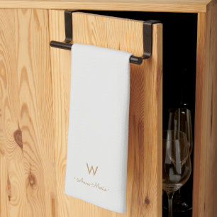 Paño De Cocina Monograma moderno con guión oro gris claro