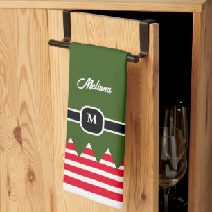Paño De Cocina Monograma moderno de vacaciones verdes de Elf Pine
