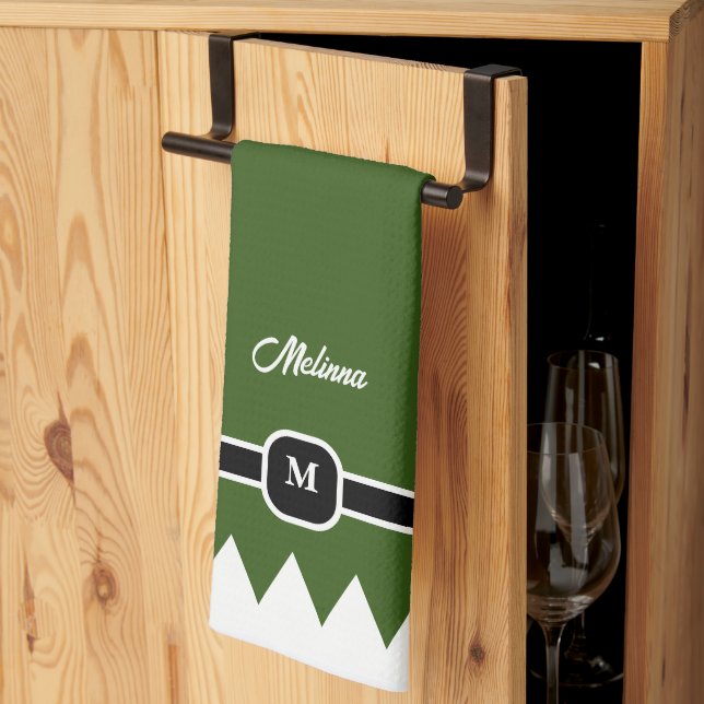 Paño De Cocina Monograma moderno de vacaciones verdes de pino (Pliegue de tercios)