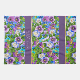 Paño De Cocina Monograma Nacimiento Pansy Flores Violetas acuarel