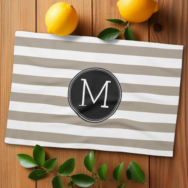 Paño De Cocina Monograma negro con taupe y rayas blancas (Personalized kitchen towel with monogram)