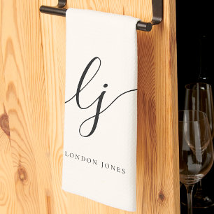 Paño De Cocina Monograma Neutral Simple Elegante Guión Iniciales