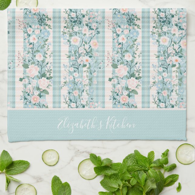 Paño De Cocina Monograma Pastel verde rosa Floral Gingham Stripes (Doblado)