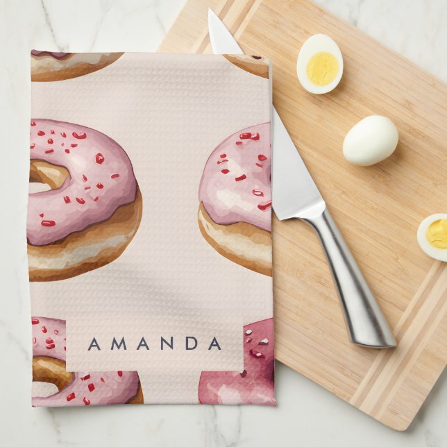 Paño De Cocina Monograma Patrón de donut rosado personalizado (Doblado Cuarto)