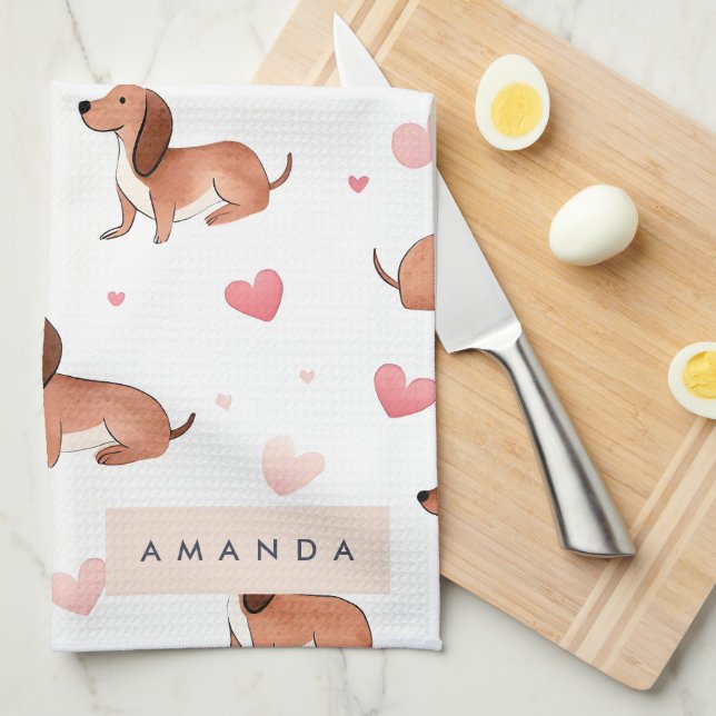 Paño De Cocina Monograma Perro Cute Dachshund Personalizado (Doblado Cuarto)