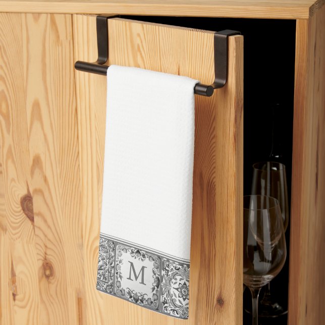 Paño De Cocina Monograma personal de mosaico mediterráneo gris (Pliegue de tercios)