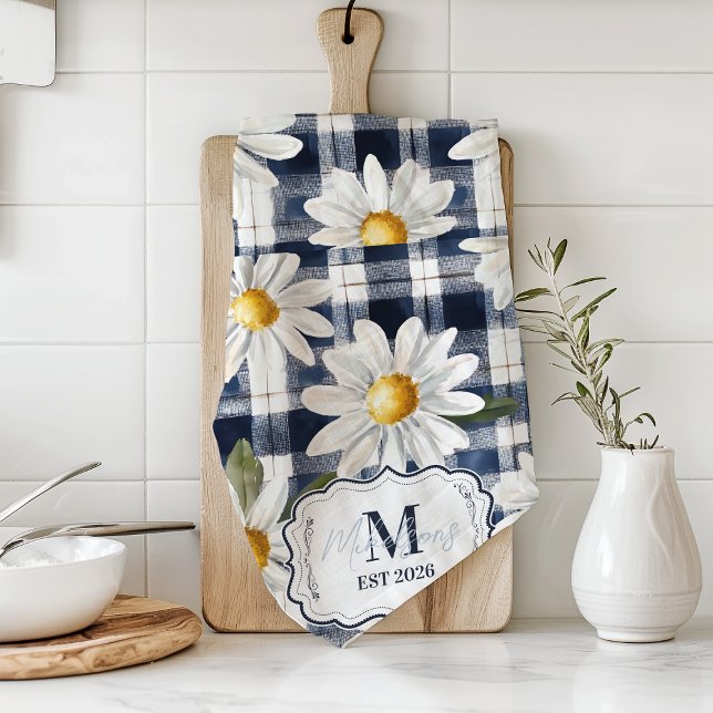 Paño De Cocina Monograma personalizada de gingham navy con margar (Subido por el creador)