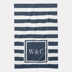 Paño De Cocina Monograma Personalizado de Franja Blanca Azul Mari