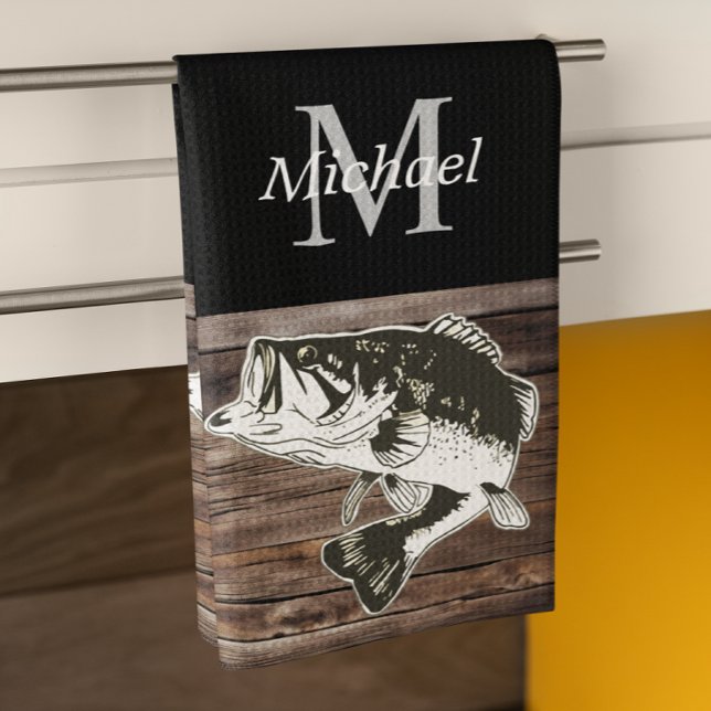 Paño De Cocina Monograma personalizado de pesca de bajura Rústica (Cool Largemouth Bass Fishing Bar or Kitchen Towel for the Cook or Bartender )