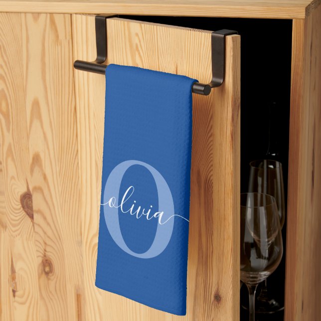 Paño De Cocina Monograma personalizado Nombre de guión Azul Blanc (Pliegue de tercios)