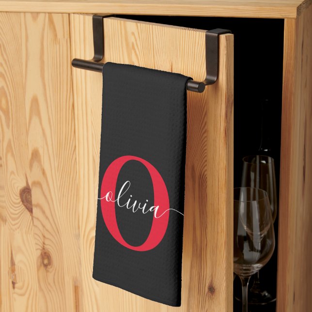 Paño De Cocina Monograma personalizado Nombre de guión Negro Blan (Pliegue de tercios)