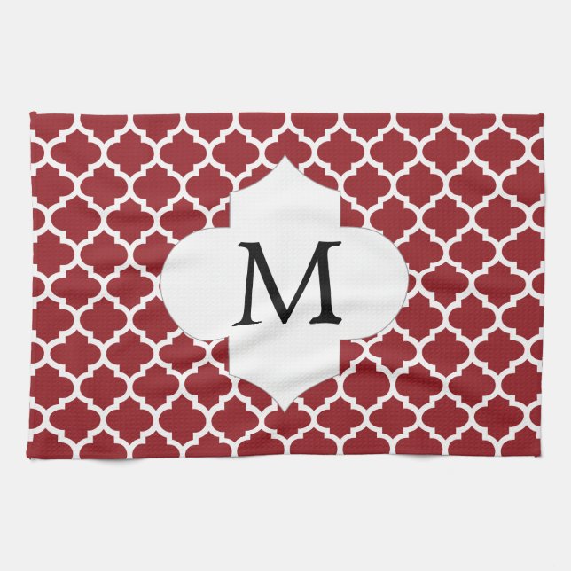 Paño De Cocina Monograma personalizado Quatrefoil rojo y blanco (Horizontal)
