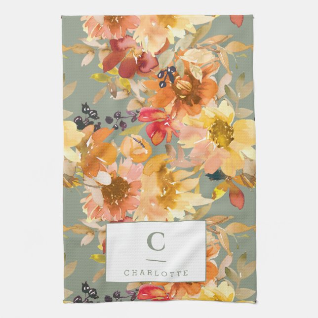 Paño De Cocina Monograma personalizado Tierra floral otoño otoño (Vertical)