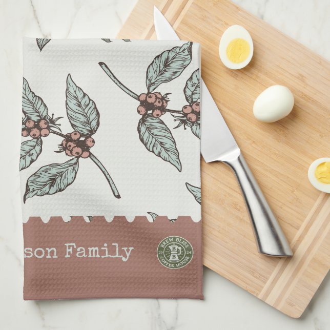 Paño De Cocina Monograma planta de café Patrón clásico rosa azul (Doblado Cuarto)