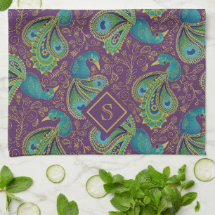 Paño De Cocina Monograma Real Púrpura de Paisley de Pavo Real