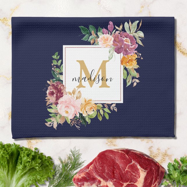 Paño De Cocina Monograma Rosa de acuarela elegante Botánica flora (In situ)