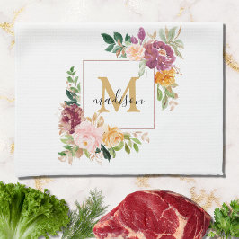 Paño De Cocina Monograma Rosa de acuarela elegante Botánica flora