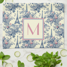 Paño De Cocina Monograma rosa y azul preppy Paris Toile