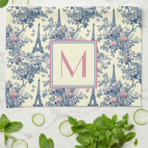 Paño De Cocina Monograma rosa y azul preppy Paris Toile