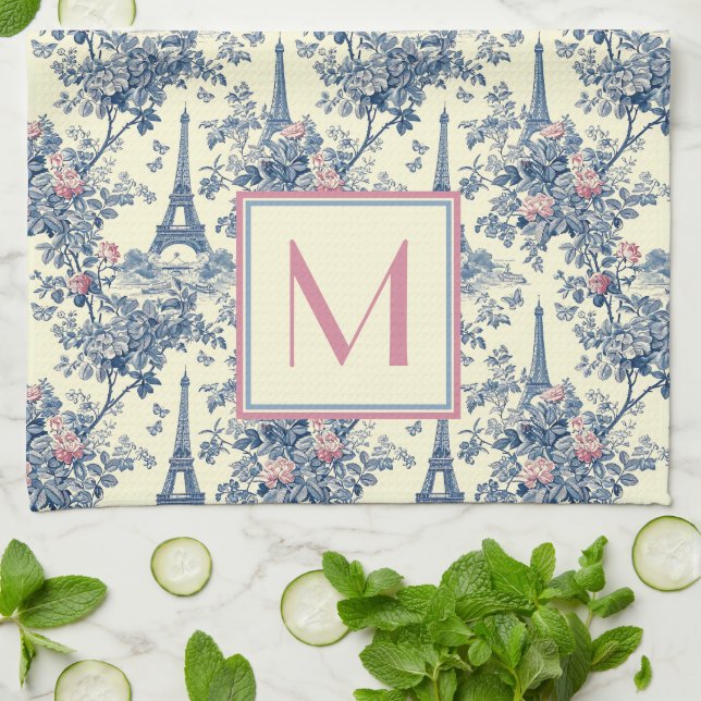 Paño De Cocina Monograma rosa y azul preppy Paris Toile (Doblado)