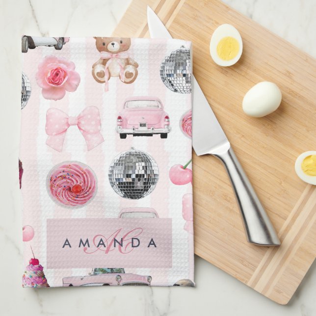 Paño De Cocina Monograma Rubor Pink Retro Disco Coquette (Doblado Cuarto)