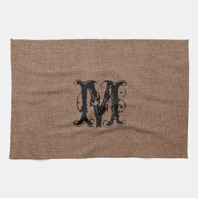 Paño De Cocina Monograma rústico del negro de la arpillera - moda (Horizontal)