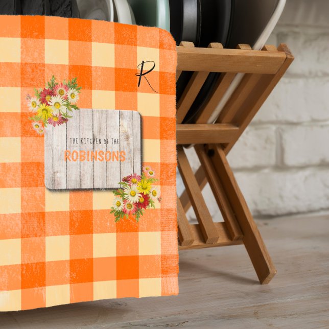 Paño De Cocina Monograma rústico nombre familiar naranja gingham (Subido por el creador)