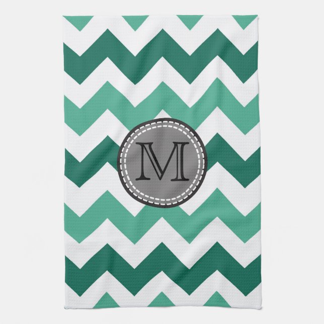 Paño De Cocina Monograma Turquesa y Mint Chevron Zigzag (Vertical)