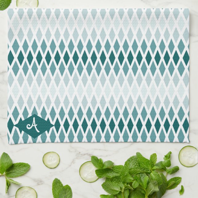 Paño De Cocina Monograma verde azulado de diamante (Doblado)