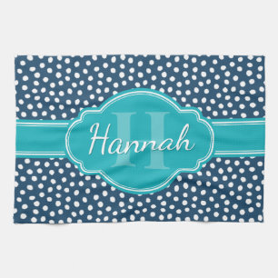 Paño De Cocina Monograma Verde azulado del patrón blanco punteado