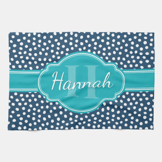 Paño De Cocina Monograma Verde azulado del patrón blanco punteado (Horizontal)