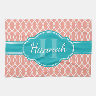 Paño De Cocina Monograma Verde azulado del patrón de entramado el