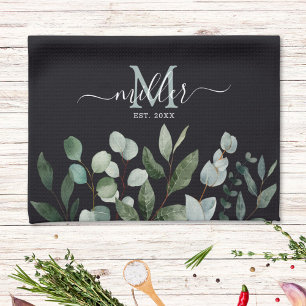 Paño De Cocina Monograma Verde Menta Eucalipto Follaje Hojas  