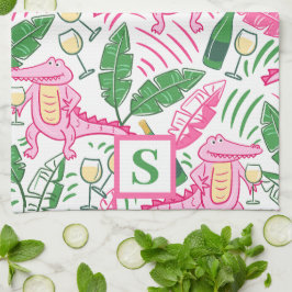 Paño De Cocina Monograma verde rosado del vino de la laguna