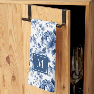 Paño De Cocina Monograma Vintage Rosas Florales Azules y Blancos