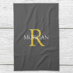 Paño De Cocina Monograma y nombre DIY, texto dorado/blanco, gris<br><div class="desc">Personaliza tu monograma y tu nombre en un texto dorado y blanco sobre un fondo gris oscuro. Este elegante y moderno diseño clásico le da un gran regalo.</div>