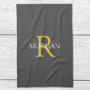 Paño De Cocina Monograma y nombre DIY, texto dorado/blanco, gris