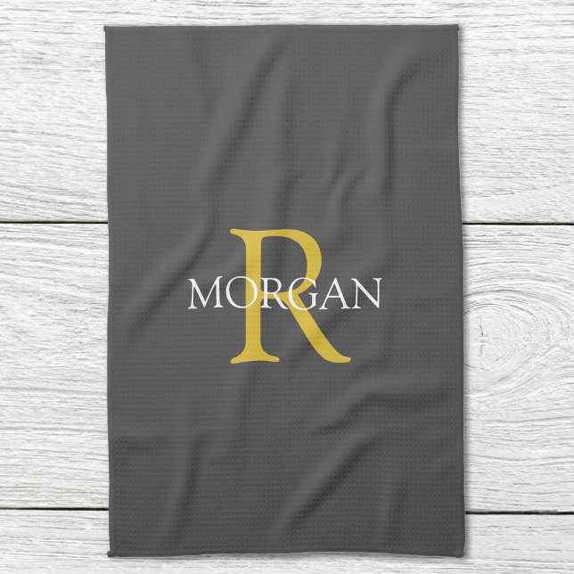 Paño De Cocina Monograma y nombre DIY, texto dorado/blanco, gris  (Subido por el creador)