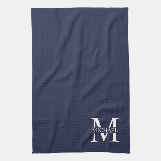 Paño De Cocina Monograma y nombre personalizados del azul marino (Vertical)