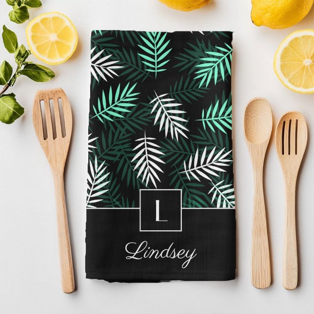 Paño De Cocina Monograma y su nombre en el patrón de hojas verdes (Modern Monogram Green Botanical Pattern Kitchen Towel)