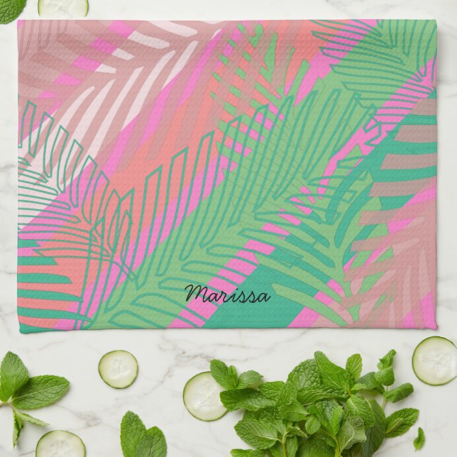 Paño De Cocina Monogramación de hojas de palmeras exóticas y colo (Doblado)