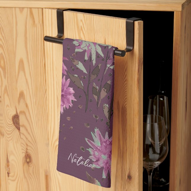 Paño De Cocina Monogramado floral púrpura moderno de campo (Pliegue de tercios)