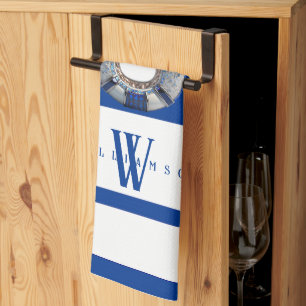 Paño De Cocina Monogramado moderno en blanco y azul náutico
