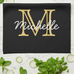 Paño De Cocina Monogramado nombre personalizado de oro negro mode