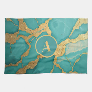 Paño De Cocina Monogramo Gold y Verde azulado mármol de lujo