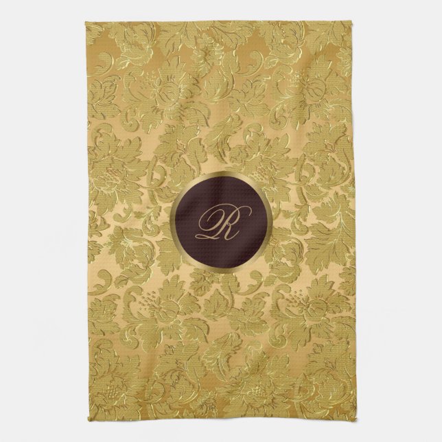 Paño De Cocina Monogramo Monocromatic Gold Damask Floral (Vertical)