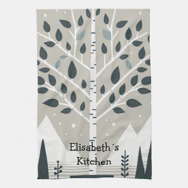 Paño De Cocina Montañas nórdicas y árbol de aves (Vertical)