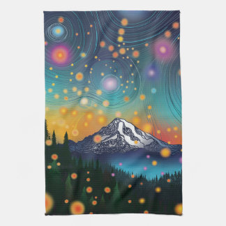 Paño De Cocina Monte Rainier w Evening Starry Sky y luciérnagas
